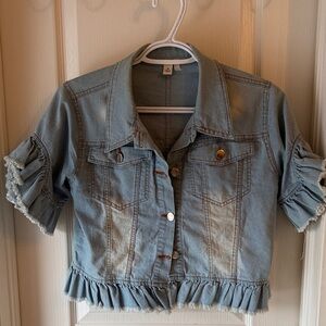 📦 MOVING SALE: Light Blue Denim Jacket with Ruffled Sleeves (Bundle 5 for $30)